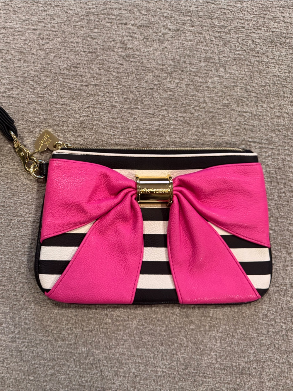 Betsey Johnson Hot Pink Bow Stripe Wristlet Clutch